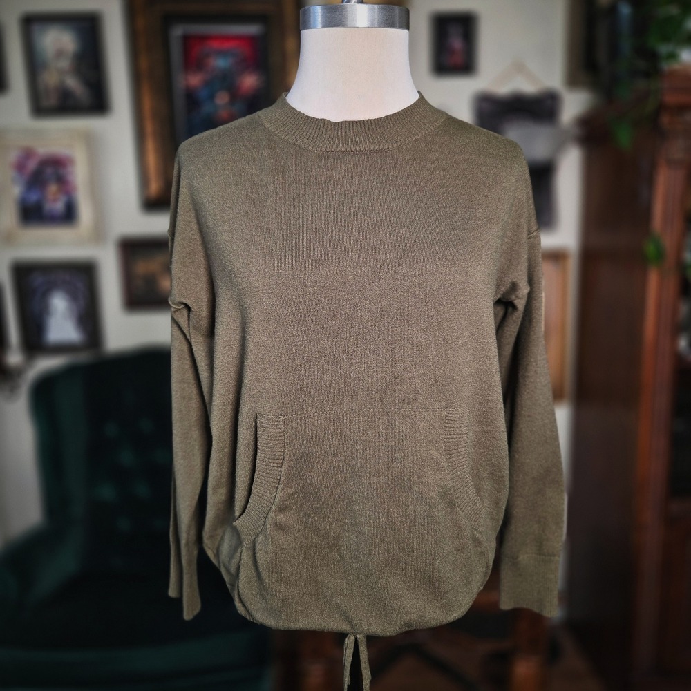 Max Studio London Olive Green Knit Sweater Kangaroo Pocket Drawstring XS